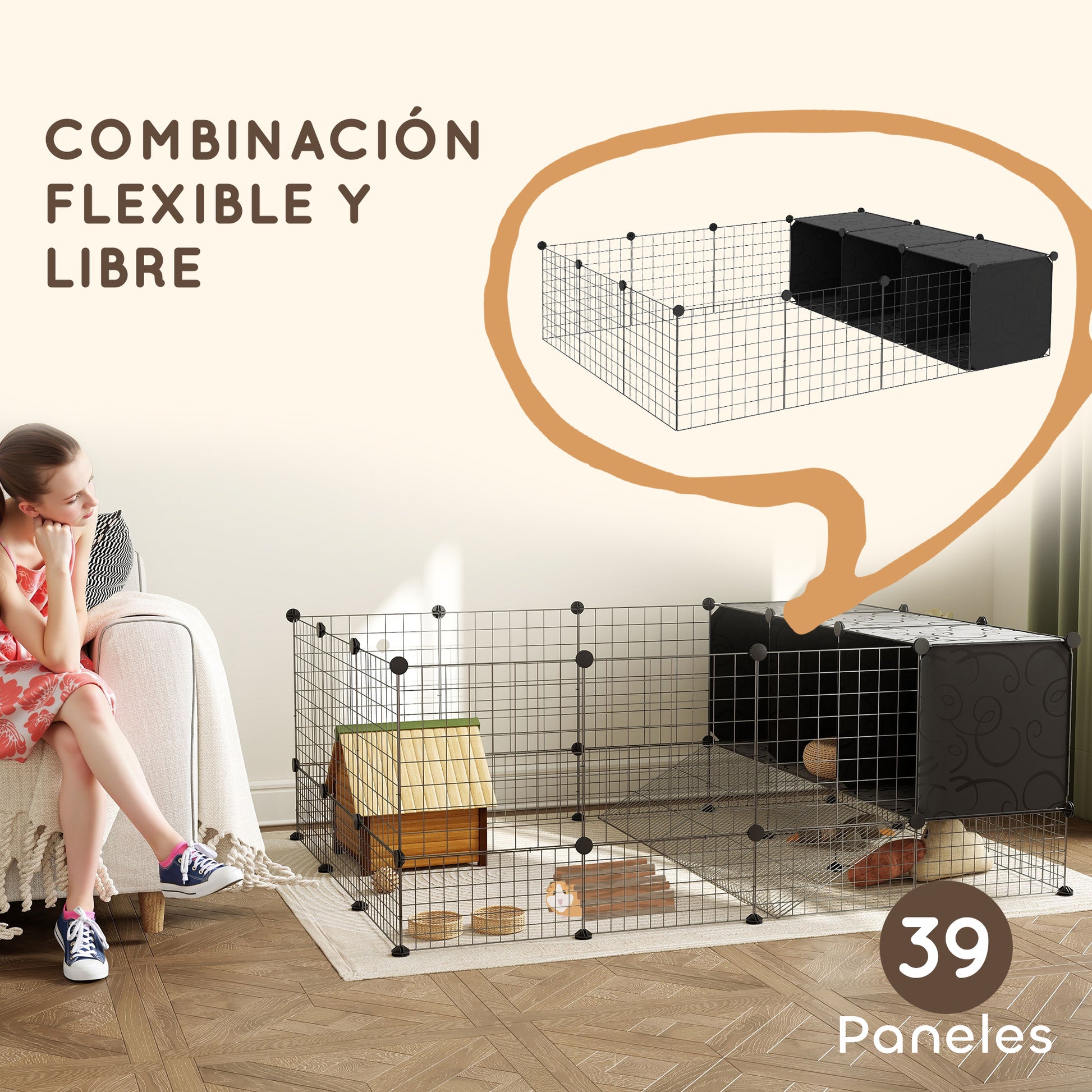 Pawhut Valla Para Mascotas De Bricolaje Con 3 Nidos Recinto Para Conejos Negro_3