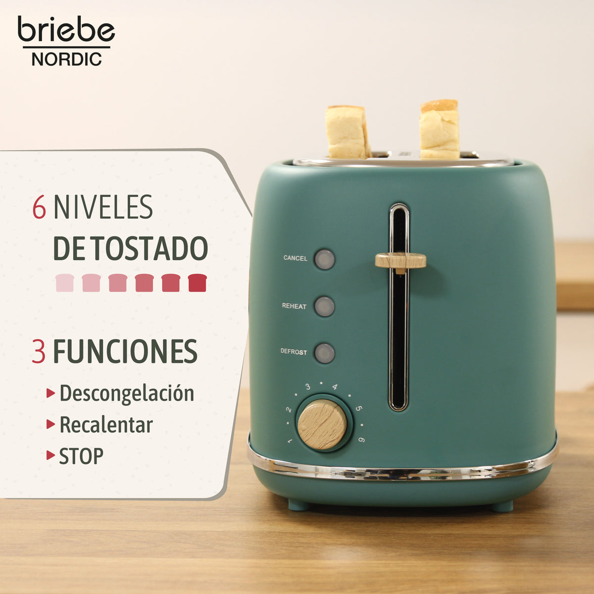 Briebe Nordic Tostadora Pan Ranura Ancha, Tostador 2 Rebanadas, 6 Niveles Tostado, Calientapanecillos, Ta1166gre, Verde_2