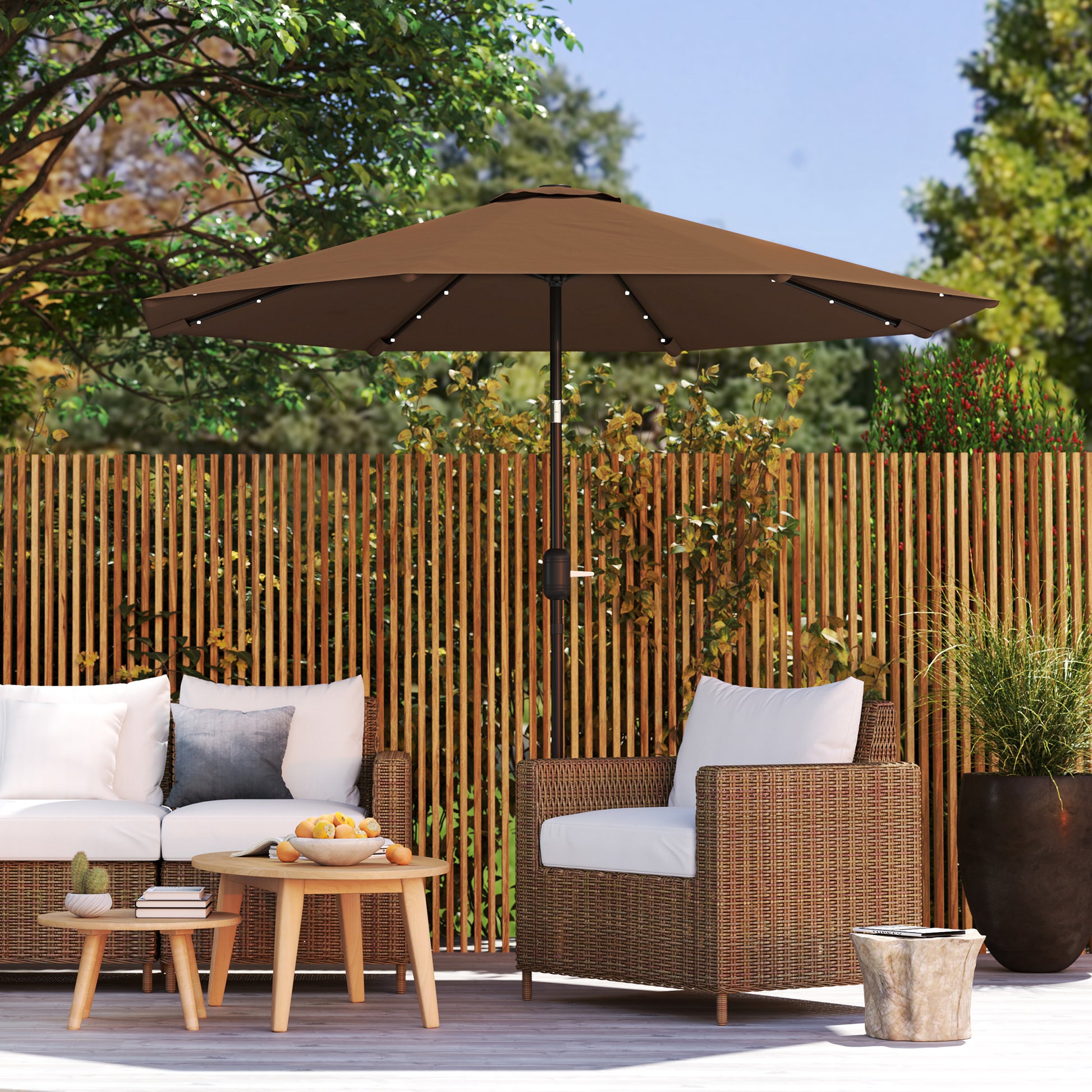 Outsunny Sombrilla Jardín Con 32 Luces Led Solares Inclinable Ø265x233 Cm Marrón_4