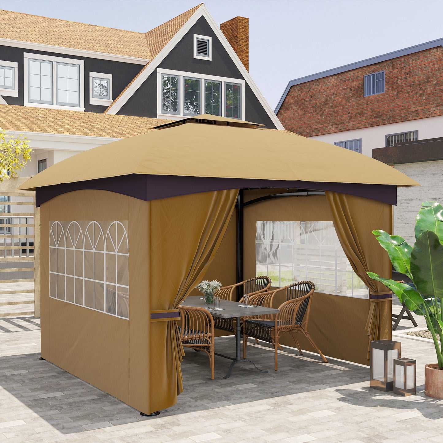 Outsunny Cenador Para Jardín 3,4x3,4 M Con Paredes Laterales Anti-uv Beige_3
