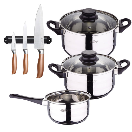 Bateria De Cocina 5 Piezas San Ignacio De Acero Inoxidable Con Set De 3 Cuchillos En Acero Inoxidable Con Barra Magnetica Aptas Para Induccion_0