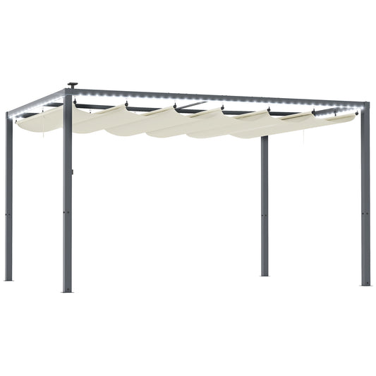 Outsunny Pérgola De Aluminio 4x3 M Con Luces Led Techo Retráctil Crema Y Gris_0