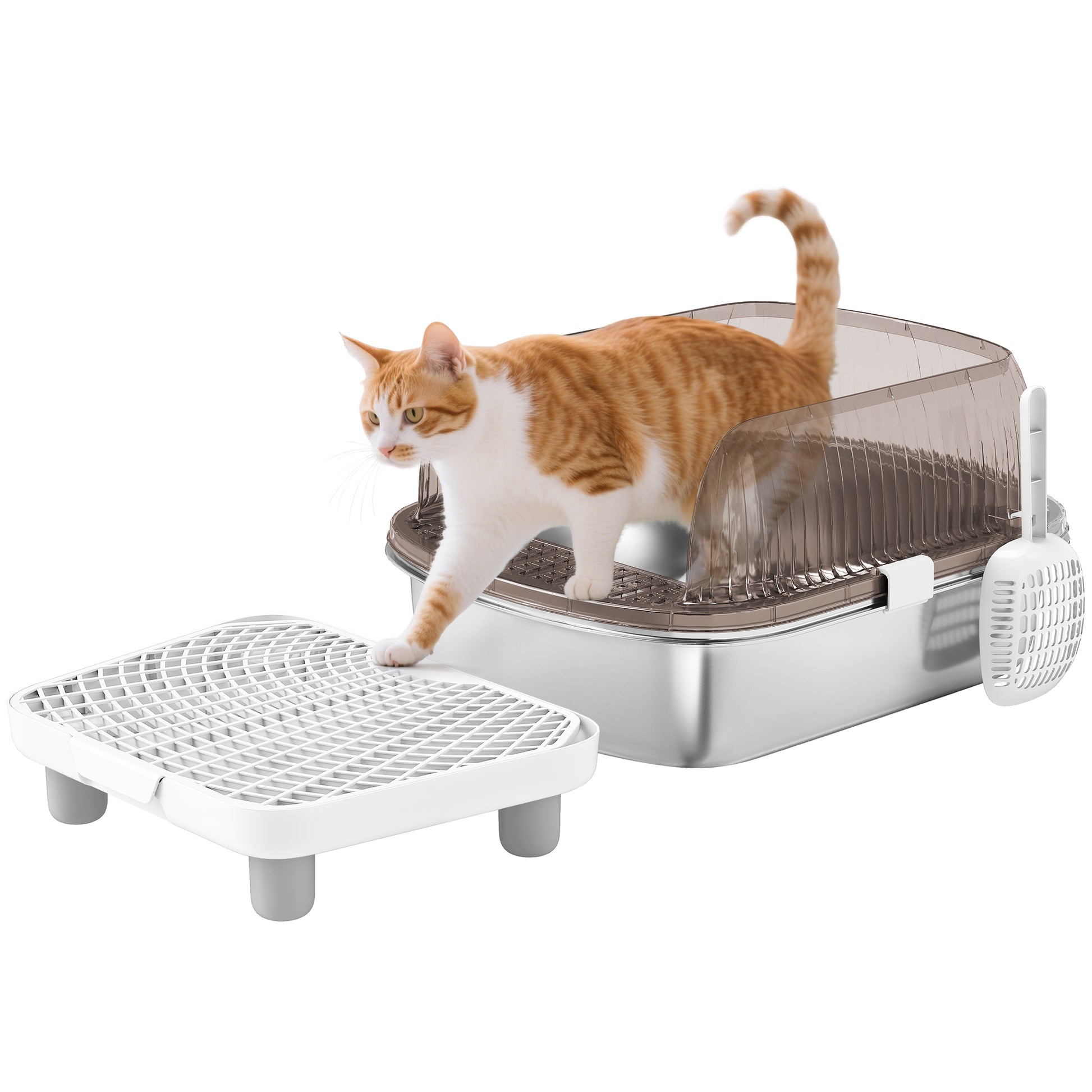 Pawhut Arenero Para Gatos Cubierto Con Bandeja De Acero Pala Y Peldaño Gris_0