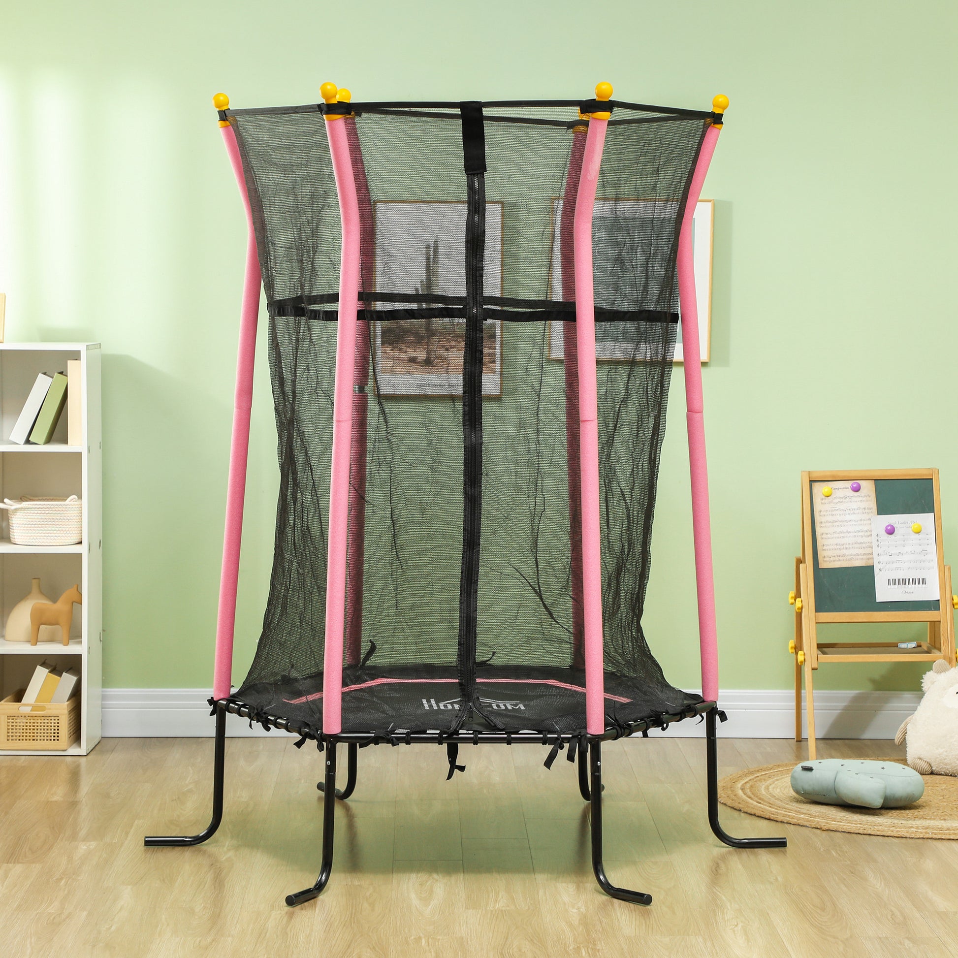 Homcom Cama Elástica Infantil De Jardín 122x111x190 Cm Carga 50 Kg Negro Y Rosa_1