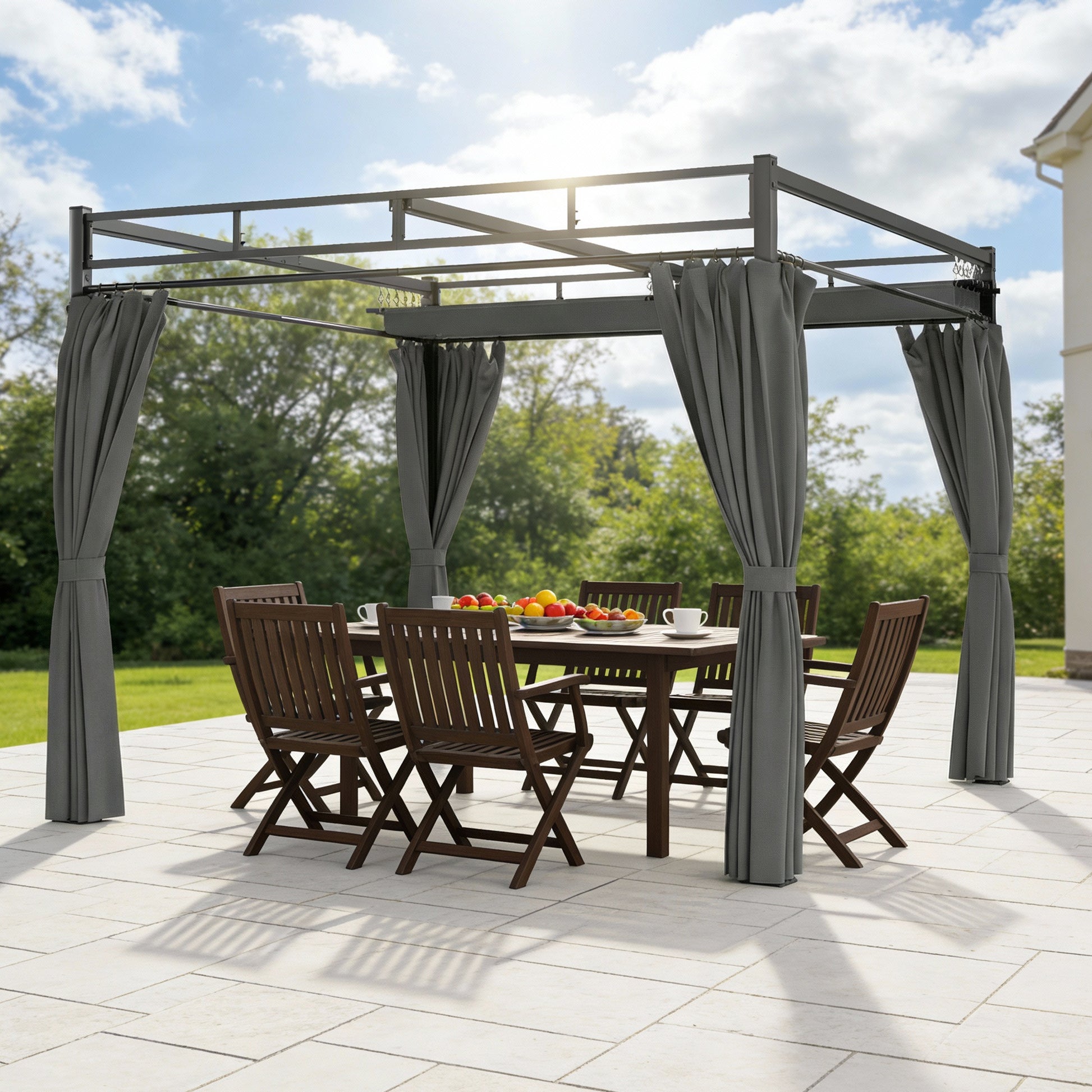 Outsunny Pérgola De Jardín 3x3 M Con Techo Retráctil Y Cortinas Anti-uv Gris_4