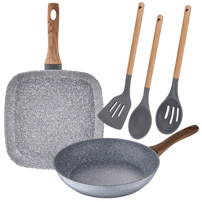Juego De Sarten Con Asador Grill De 26 Cm Y 28x28 Cm En Aluminio Forjado Y Set De 3 Utensilios De Cocina San Ignacio_0