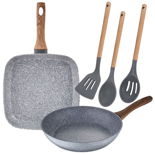 Juego De Sarten Con Asador Grill De 26 Cm Y 28x28 Cm En Aluminio Forjado Y Set De 3 Utensilios De Cocina San Ignacio_0