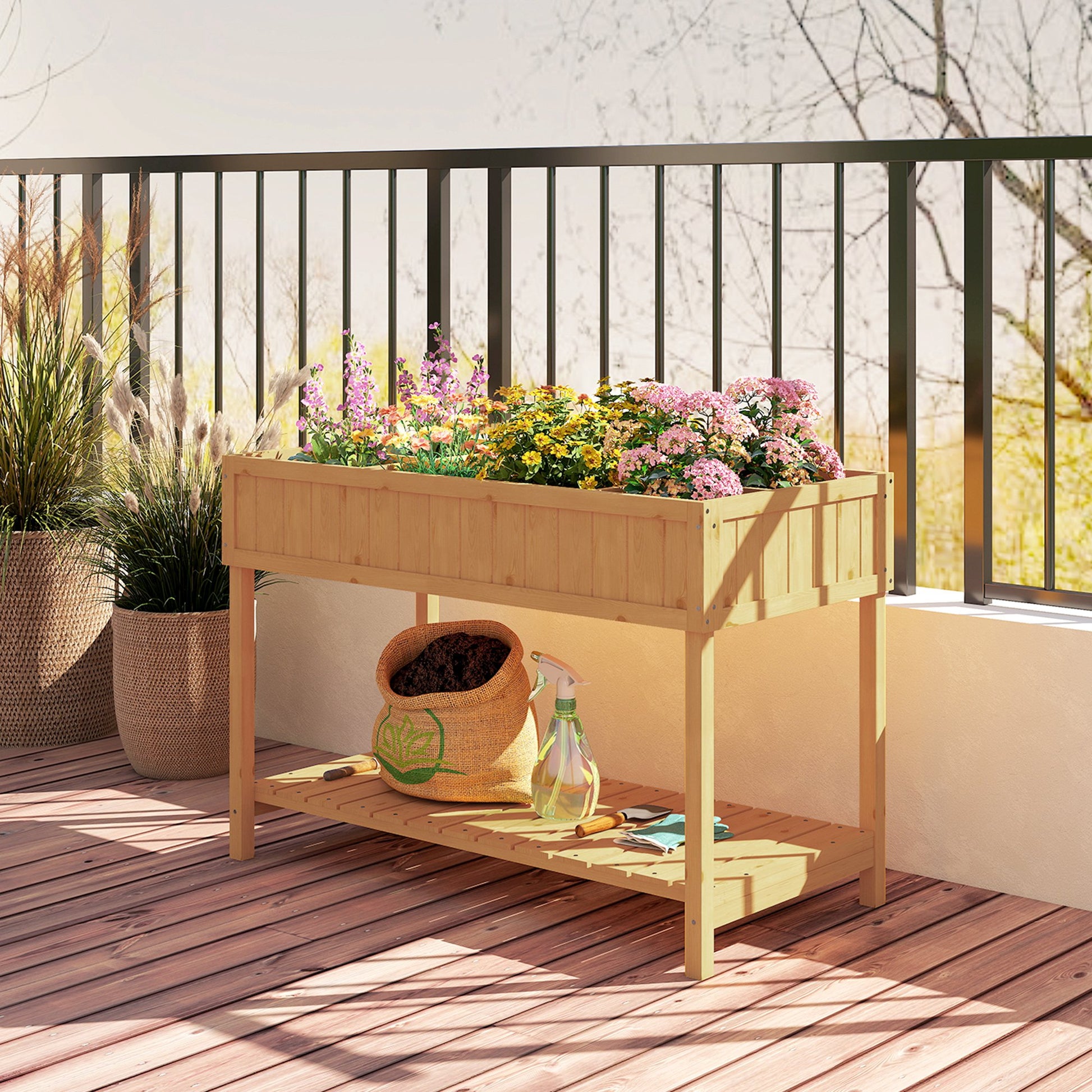 Outsunny Huerto Urbano Elevada De Madera Con Estante 110x46x76 Cm Natural_4