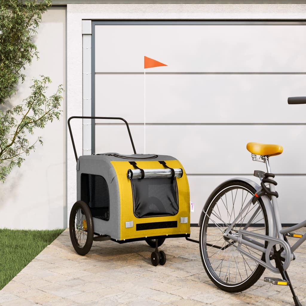 Vidaxl Remolque De Bicicleta Mascotas Hierro Tela Oxford Amarillo Gris_1