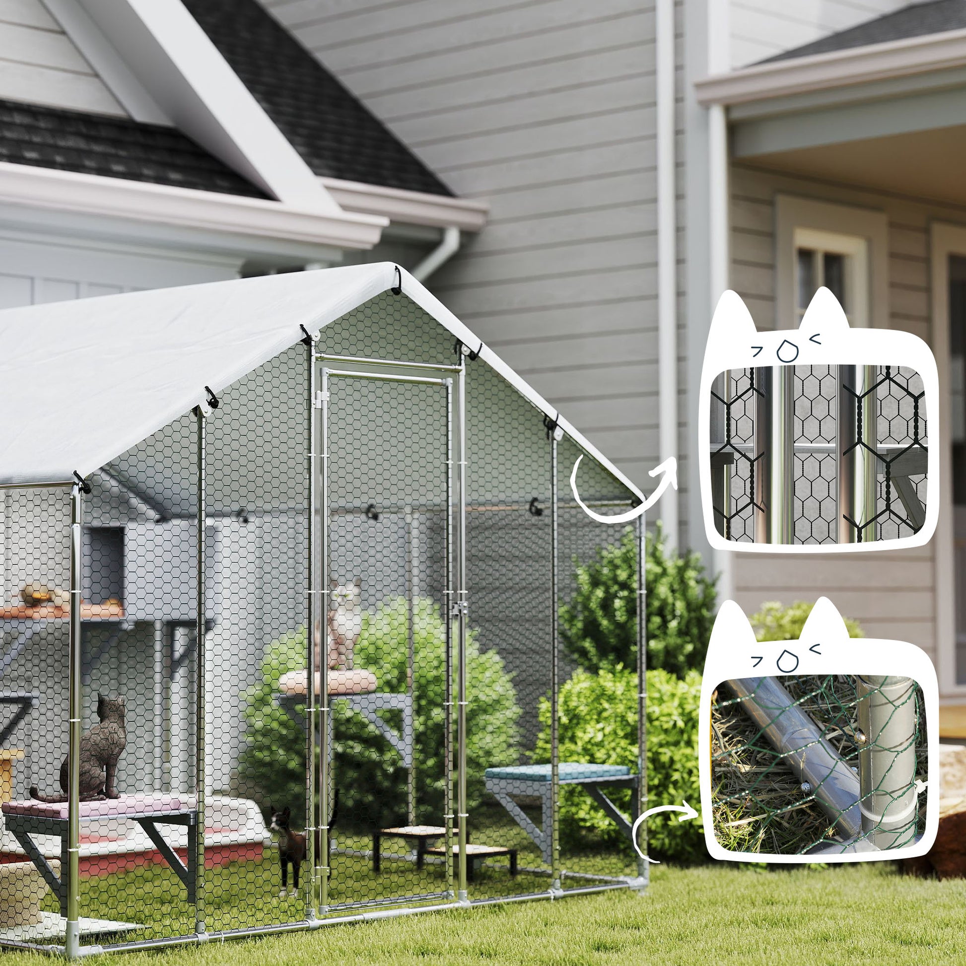 Pawhut Jaula Grande Para Gatos Exterior Con 2 Casitas 240x193x195 Cm Plata_3
