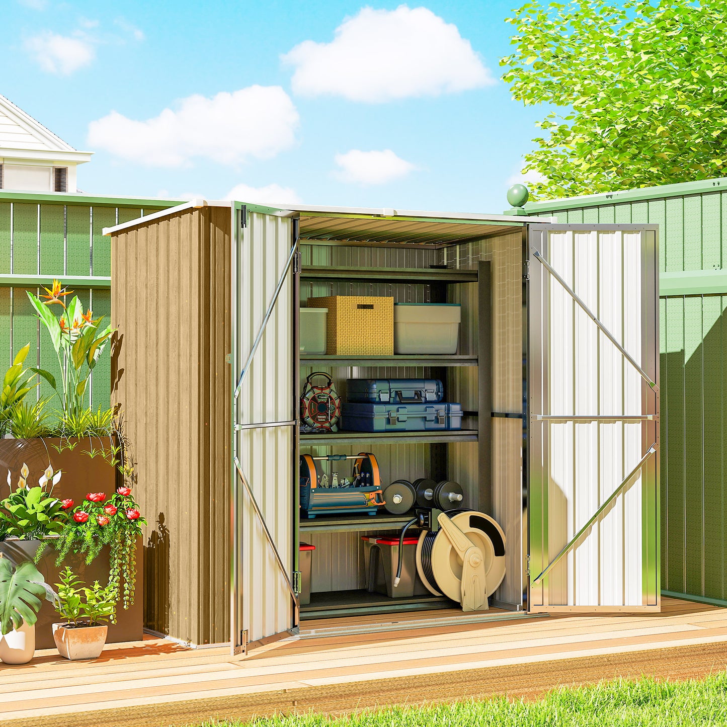 Outsunny Cobertizo De Jardín Exterior 163x89x163 Cm Puertas Con Pestillo Marrón_1