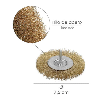 Cepillo Acero Latonado Para Taladro. Disco Ø 75 Mm. Espiga 1/4 Cepillo Taladro Alambre Latón, Cepillo Limpieza, Cepillo Pulir._1