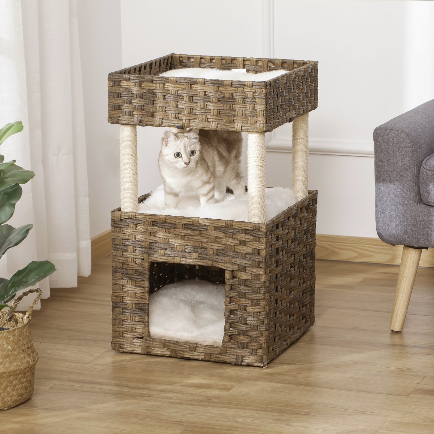 Pawhut Rascador Gatos De Ratán Con Cueva Camas Postes De Sisal Cojines Lavables_1