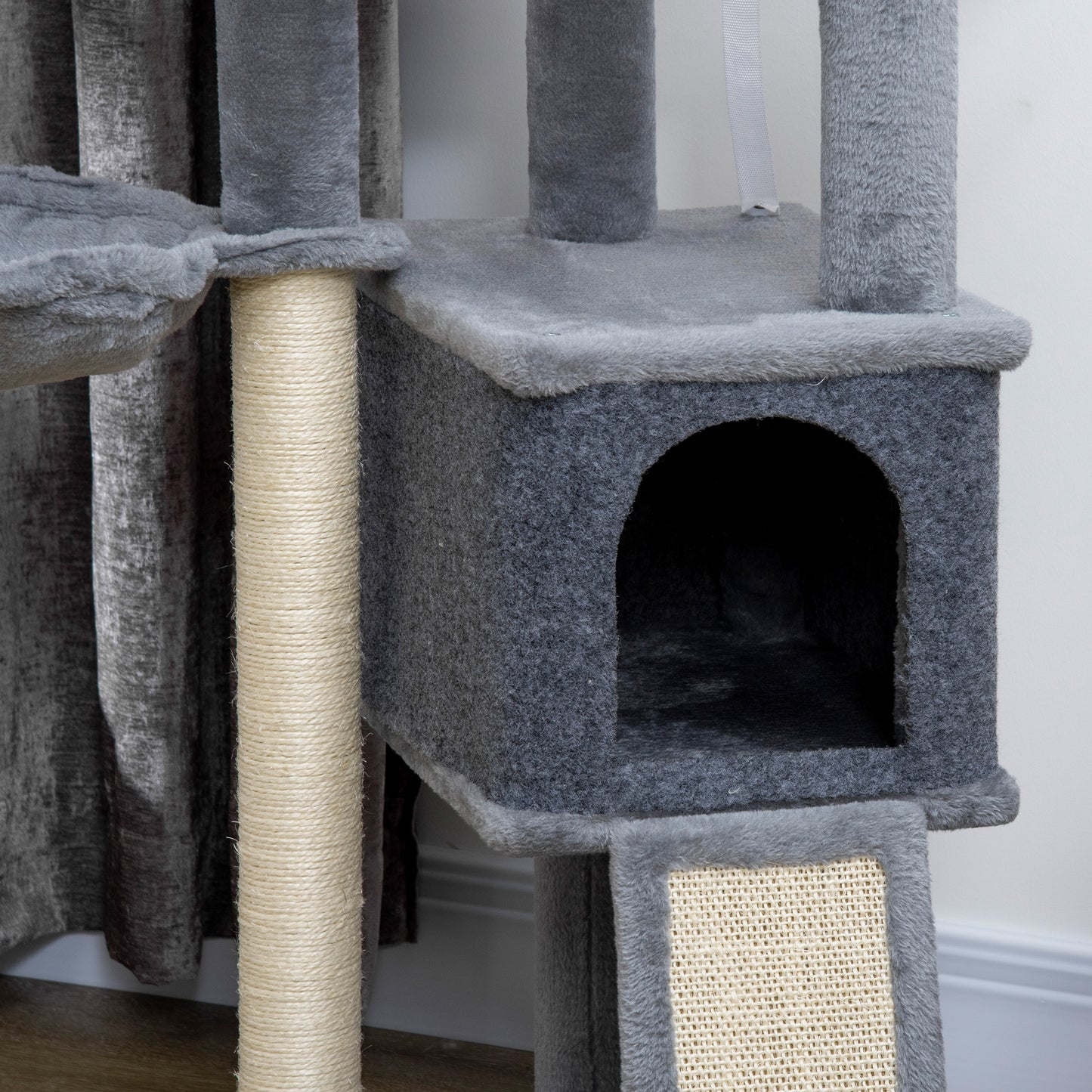 Pawhut Árbol Rascador Para Gatos 127 Cm Con Cueva Hamaca Cama Rampa Gris_4