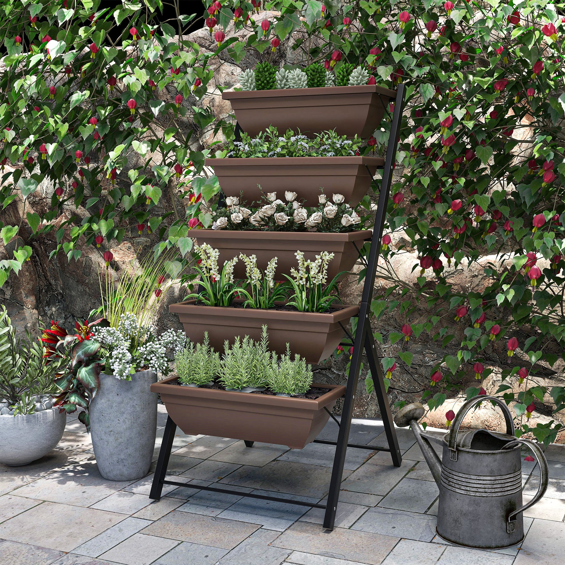 Outsunny Soporte Para Plantas De 5 Niveles Con 5 Macetas 55x63x120 Cm Negro_4