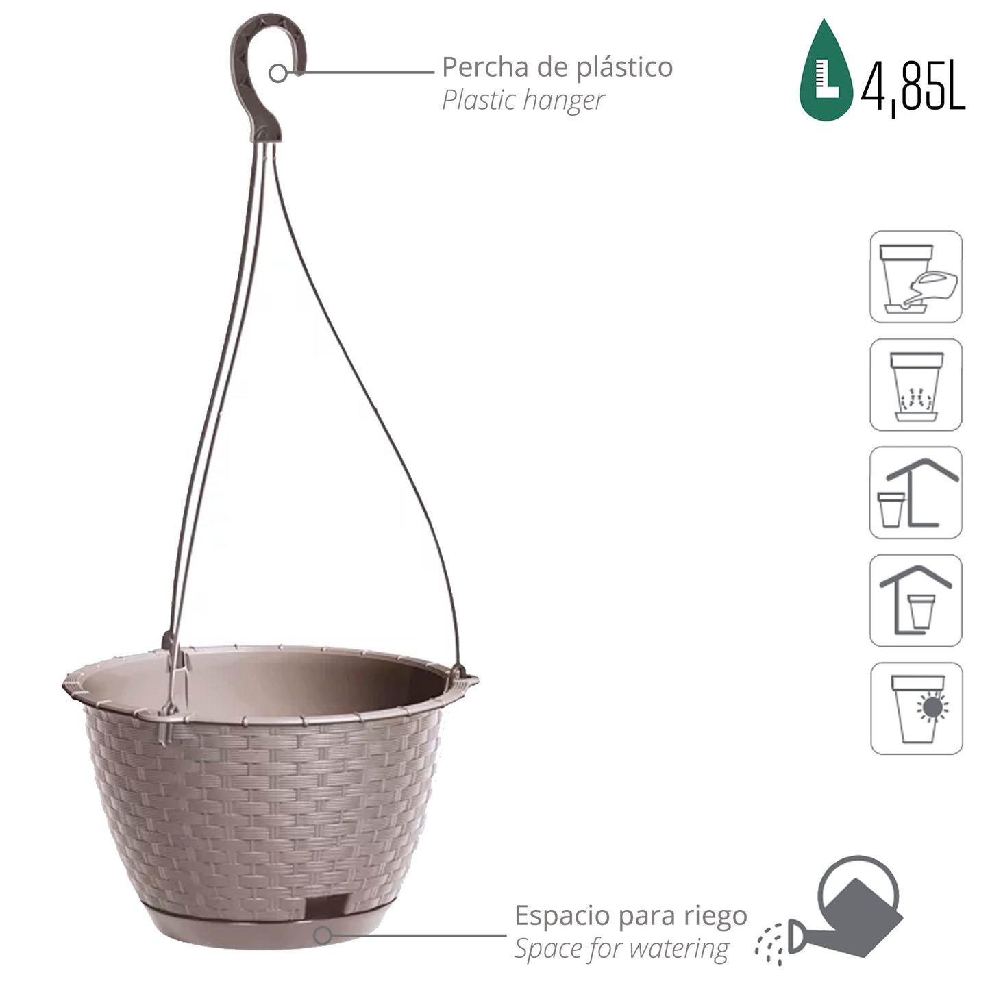 Macetero Colgante Ratolla Round W 4,85l., Dimensiones (mm) 243x243x160, Color Mocca_2