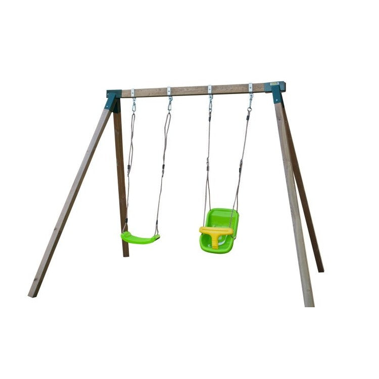 Columpio Doble De Madera Cuadrada Masgames Karai Junior Xl + Asiento Bebe.