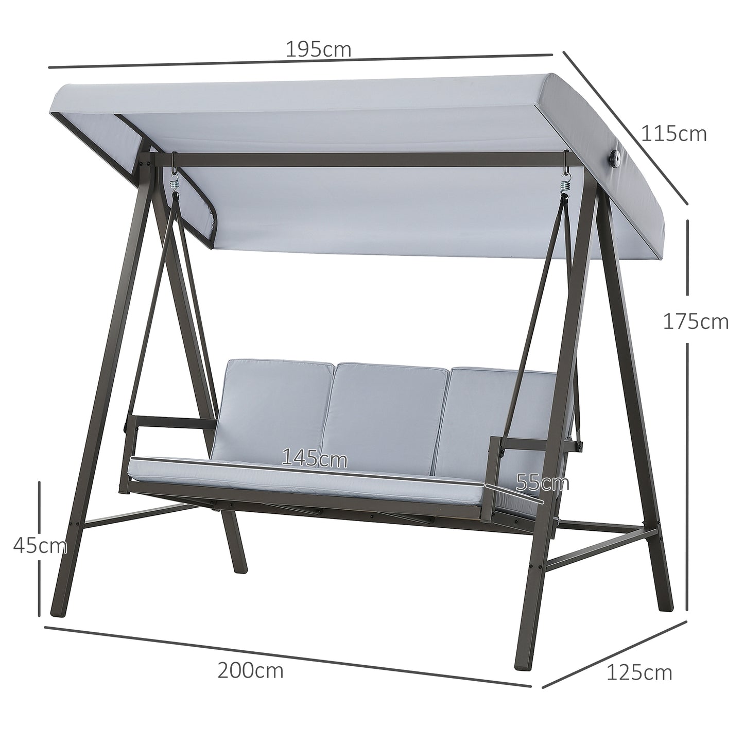 Outsunny Columpio De Jardín De 3 Plazas Con Toldo Ajustable 200x125x175 Cm Gris_2