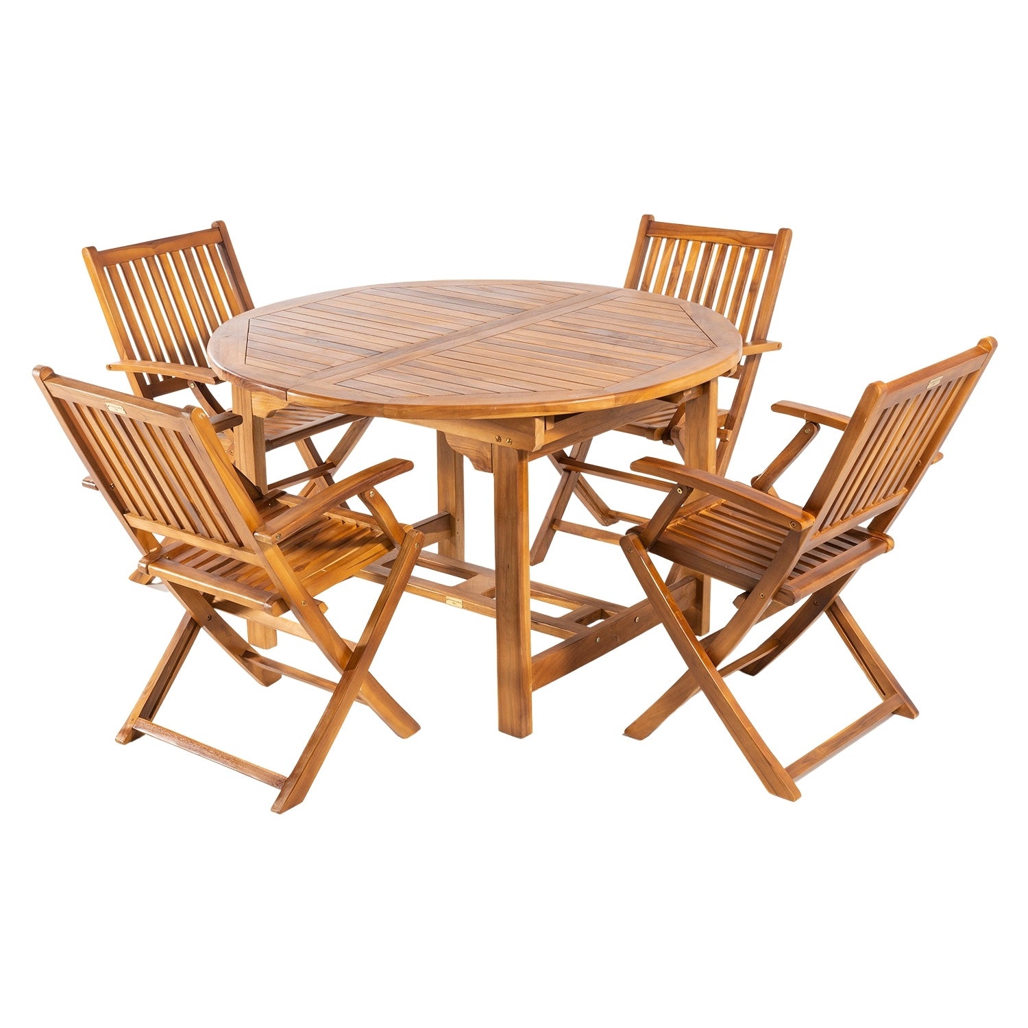 Conjunto De Exterior De Madera Teca, Mesa Redonda Extensible 120/180 Cm Y 4 Sillones Plegables, Madera Teca Grado A, Tratamiento Al Agua Aplicado_0