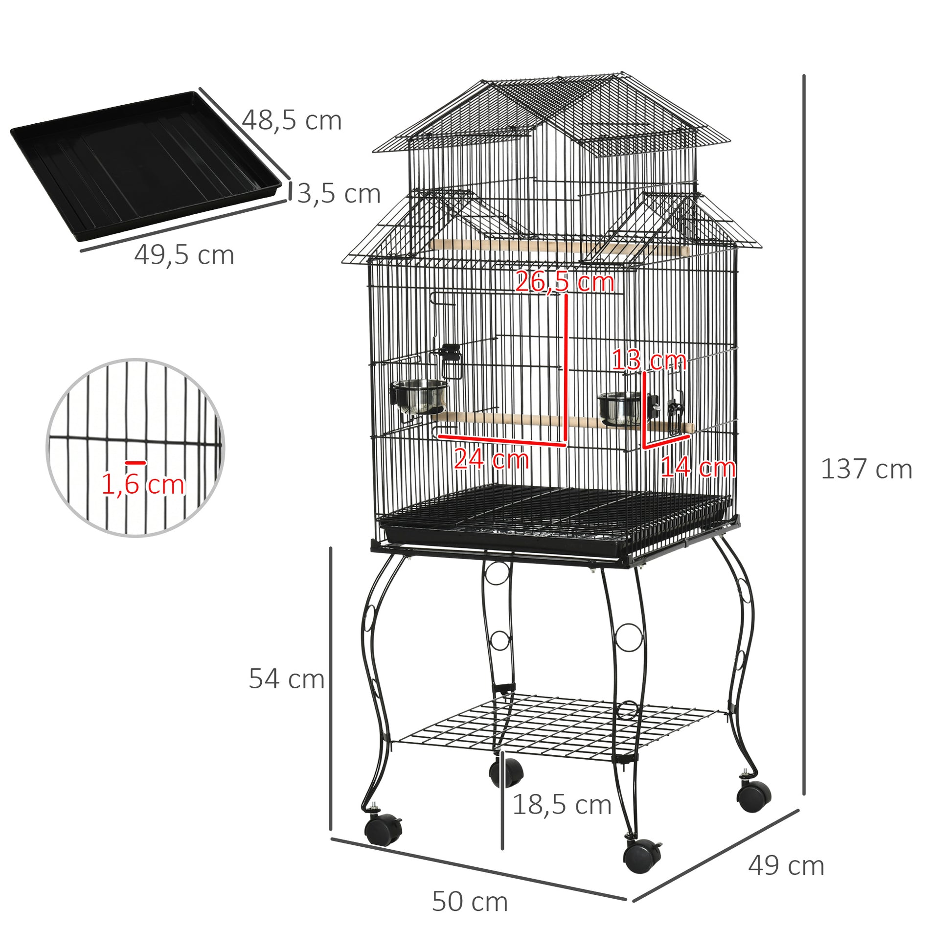 Pawhut Jaula Para Pájaros Con Ruedas Con Bandeja Extraíble Comederos 50x49x137cm_2