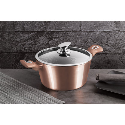 Batería De Cocina Aluminio Forjado Antiadherente Sin Pfoa, Set 2 Cacerolas, 1 Sartén, Tapas Berlinger Haus Rose Gold Oro Rosado
