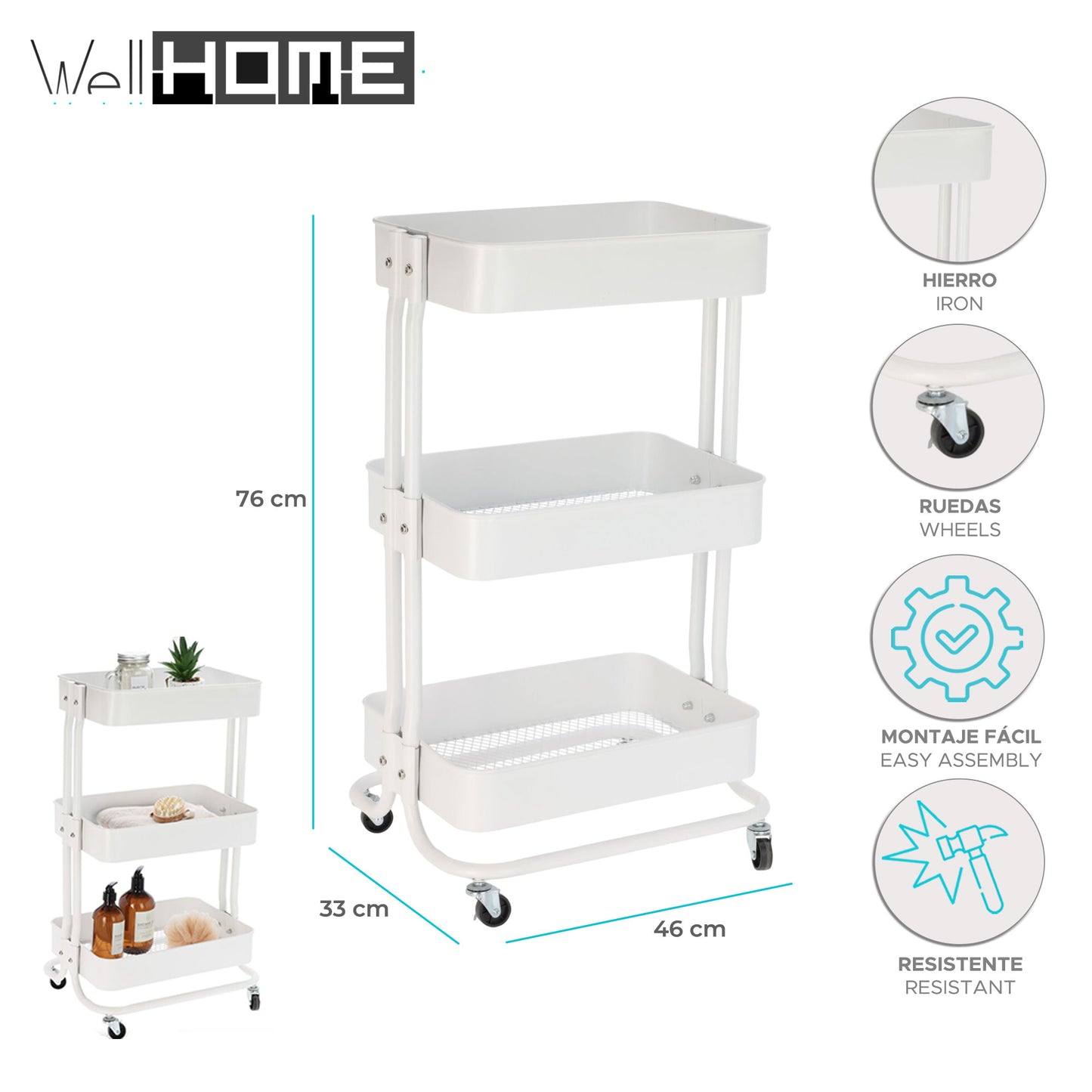 Well Home Carro De Cocina De Hierro En Blanco Con Ruedas Y 3 Cajones