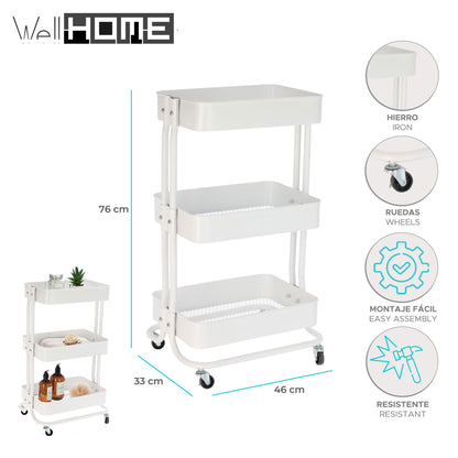 Well Home Carro De Cocina De Hierro En Blanco Con Ruedas Y 3 Cajones