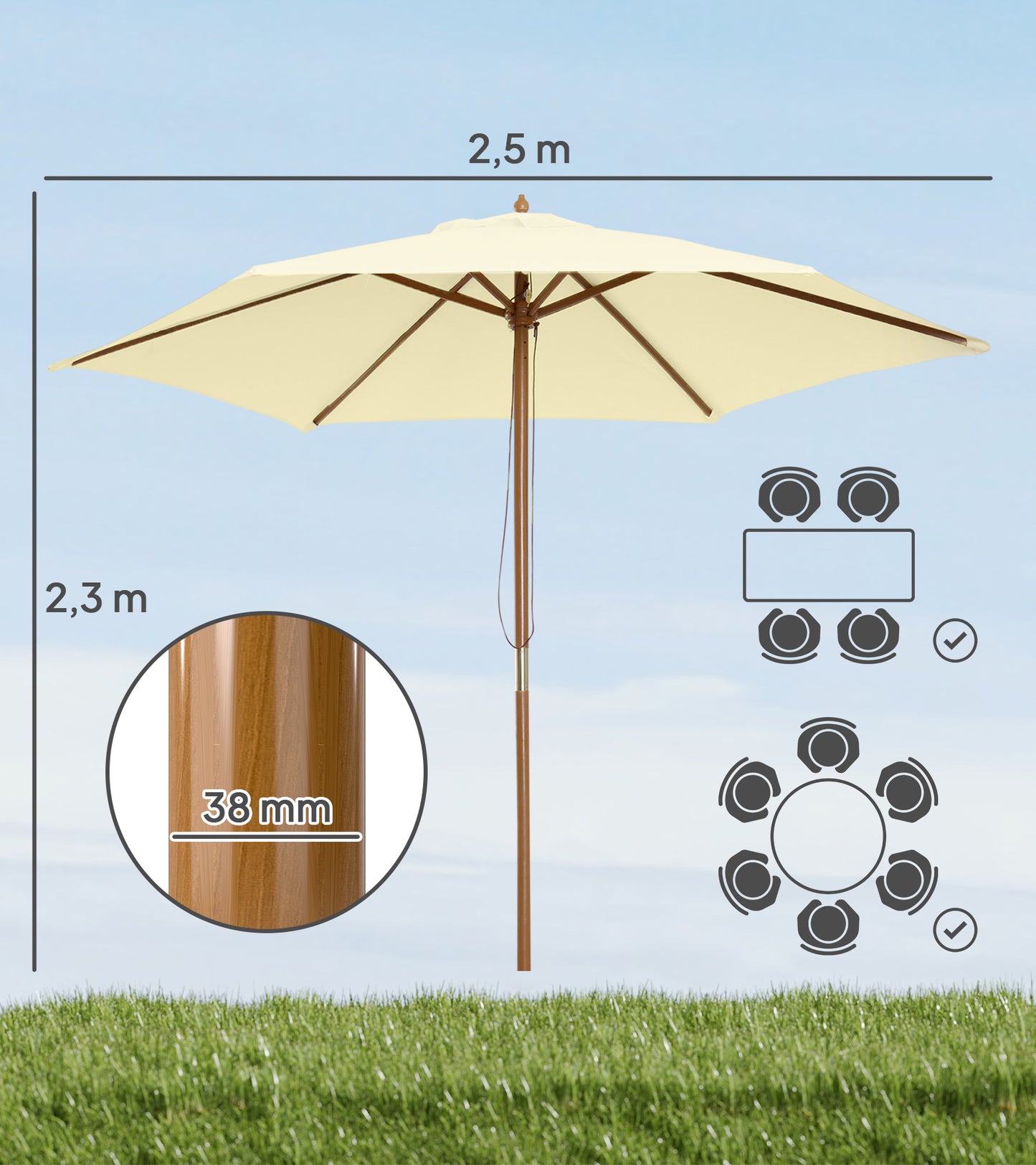 Outsunny Sombrilla De Jardín Ø250x230 Cm Con Poste Desmontable Crema_2