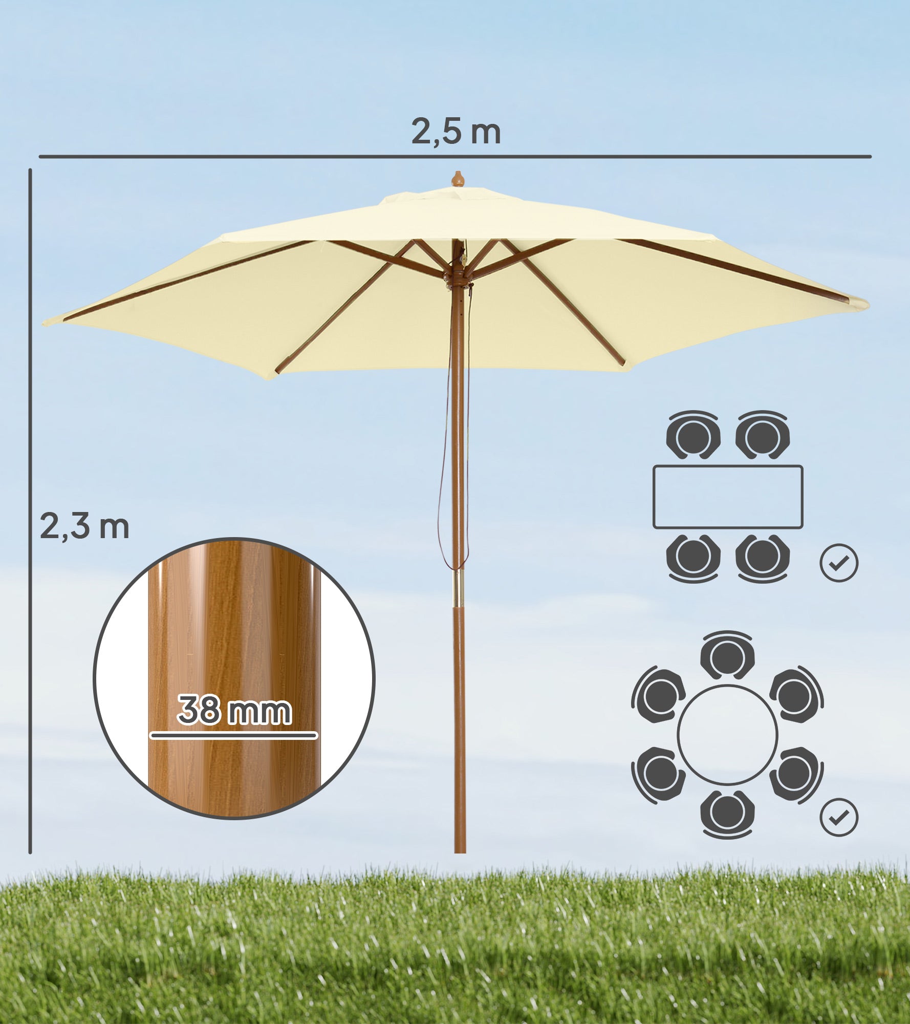 Outsunny Sombrilla De Jardín Ø250x230 Cm Con Poste Desmontable Crema_2
