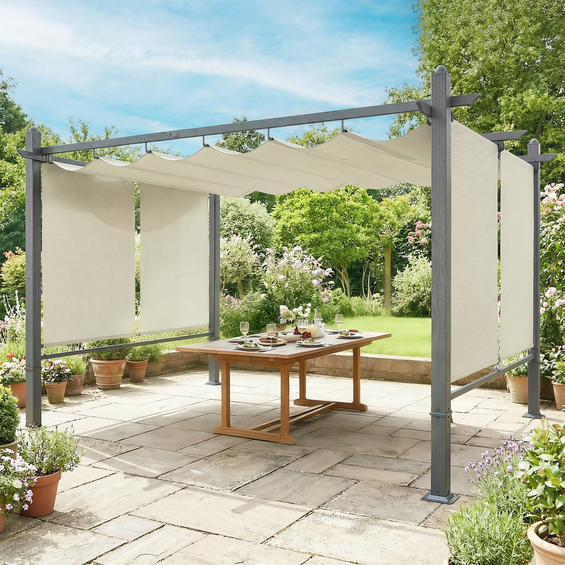 Outsunny Pérgola De Jardín 4x3 M Con Techo Retráctil Cortinas Automáticas Crema_1