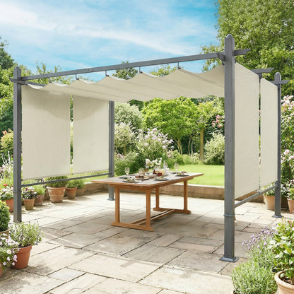 Outsunny Pérgola De Jardín 4x3 M Con Techo Retráctil Cortinas Automáticas Crema_1