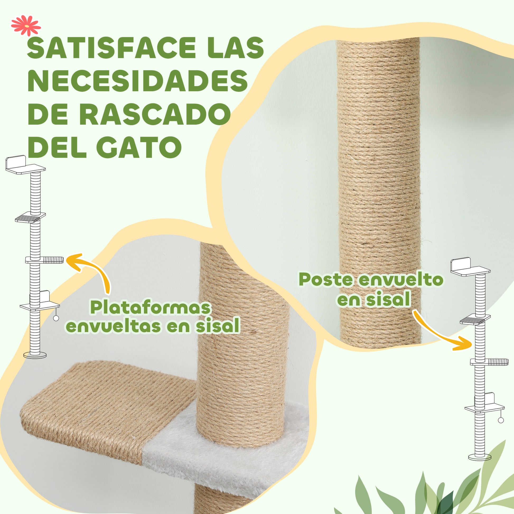 Pawhut Árbol Para Gatos De Pared De 5 Niveles 48x21x180 Cm Gris Claro_5