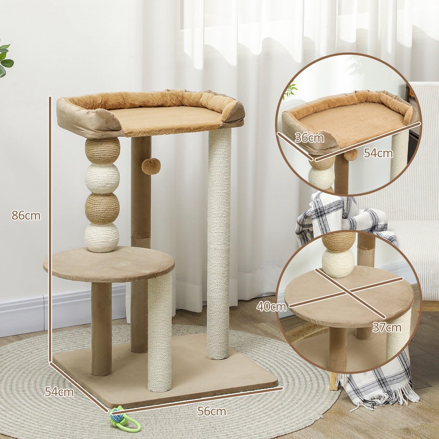 Pawhut Árbol Rascador Para Gatos 86 Cm Con Plataforma Cama Postes De Yute Gris_2
