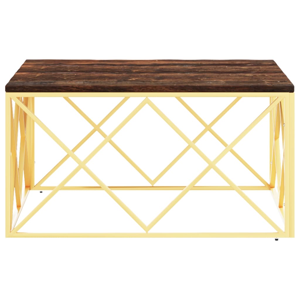 Mesa De Centro Acero Inoxidable Madera Maciza Reciclada Dorada_1