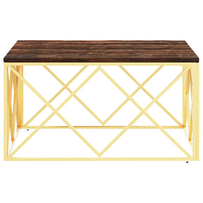 Mesa De Centro Acero Inoxidable Madera Maciza Reciclada Dorada_1