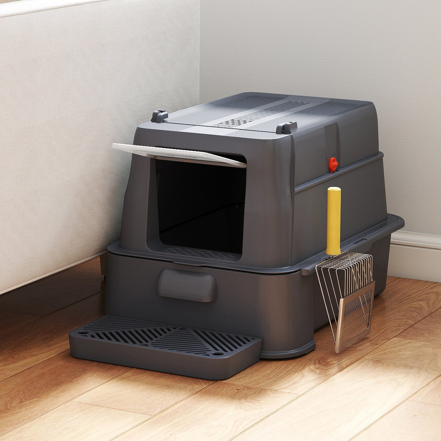 Pawhut Arenero Para Gatos De Acero Inoxidable Xl Con Tapa Abatible 180° Gris_3