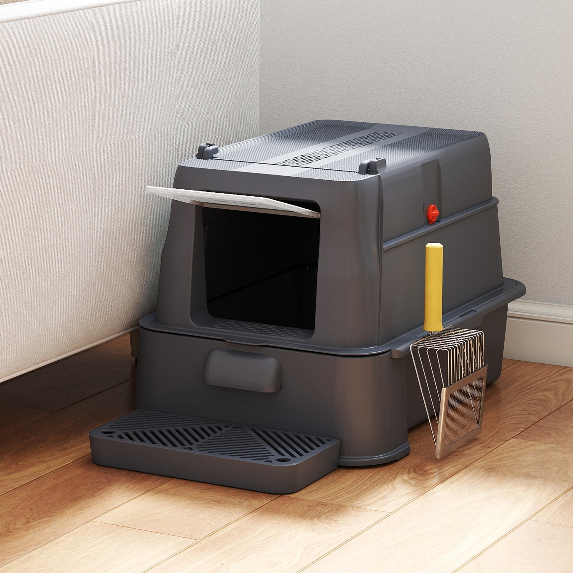 Pawhut Arenero Para Gatos De Acero Inoxidable Xl Con Tapa Abatible 180° Gris_3