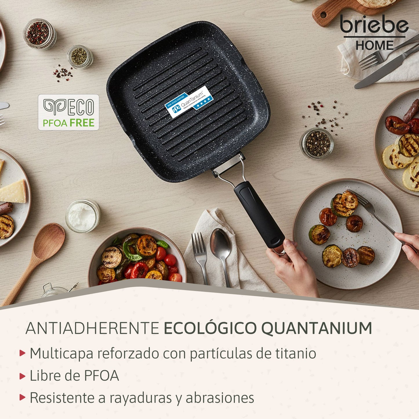 Briebe Grill Asador, Inducción, Antiadherente Titanio 20x20cm Aluminio Fundido Sin Pfoa Mango Plegable, Gp1157, Negro_3