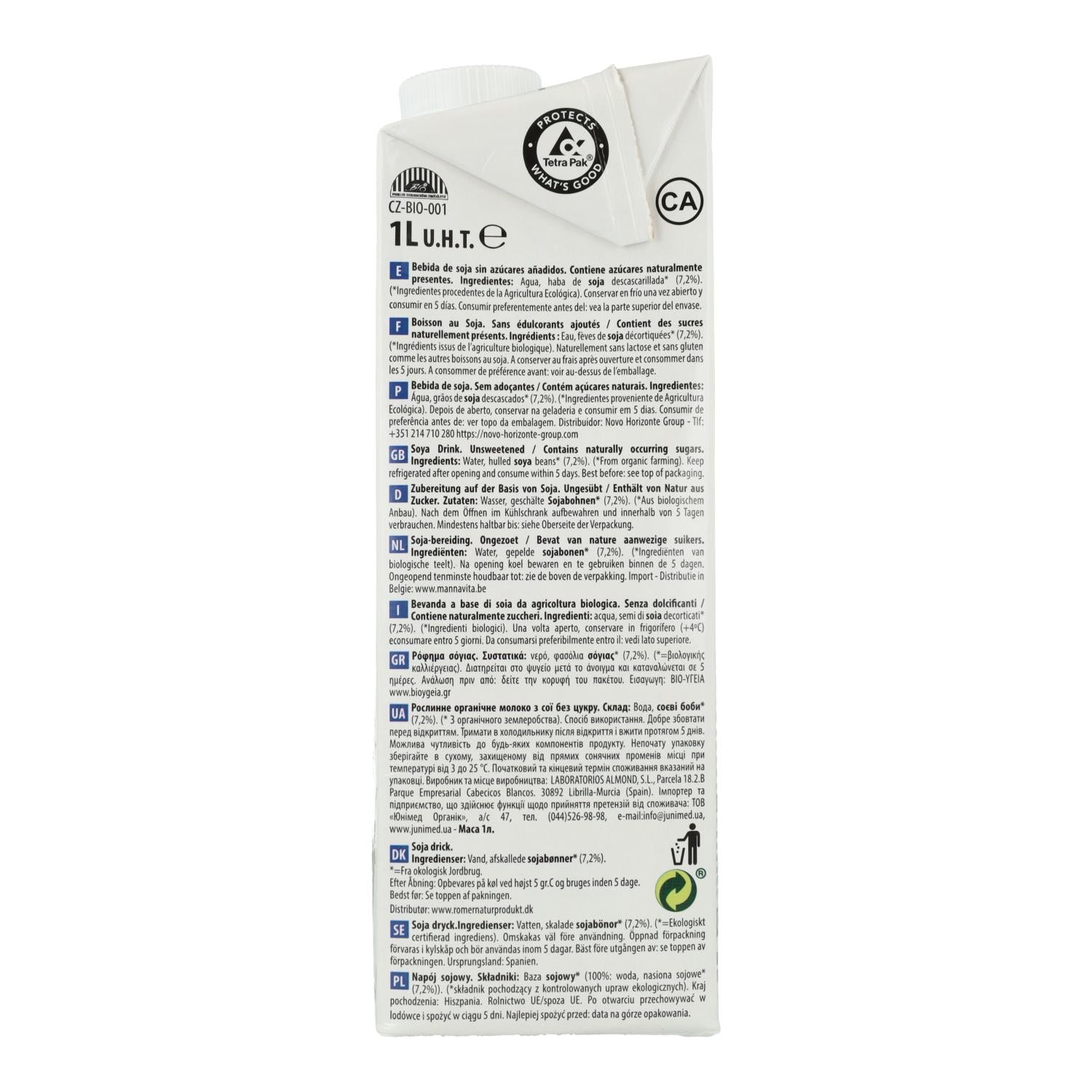 Pack 6 x Bebida de Soja Nature BIO sin Azúcares NaturGreen 1 L