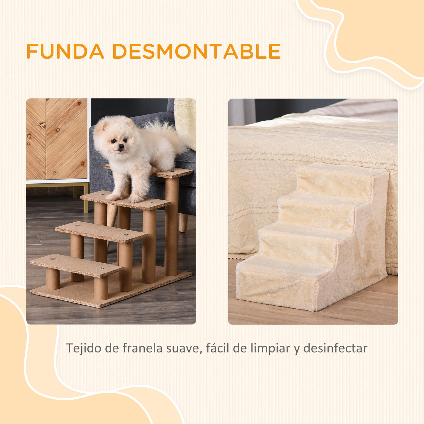 Pawhut Escalera Para Mascotas De 4 Peldaños Con Funda Extraíble 60x35x44cm Beige_4