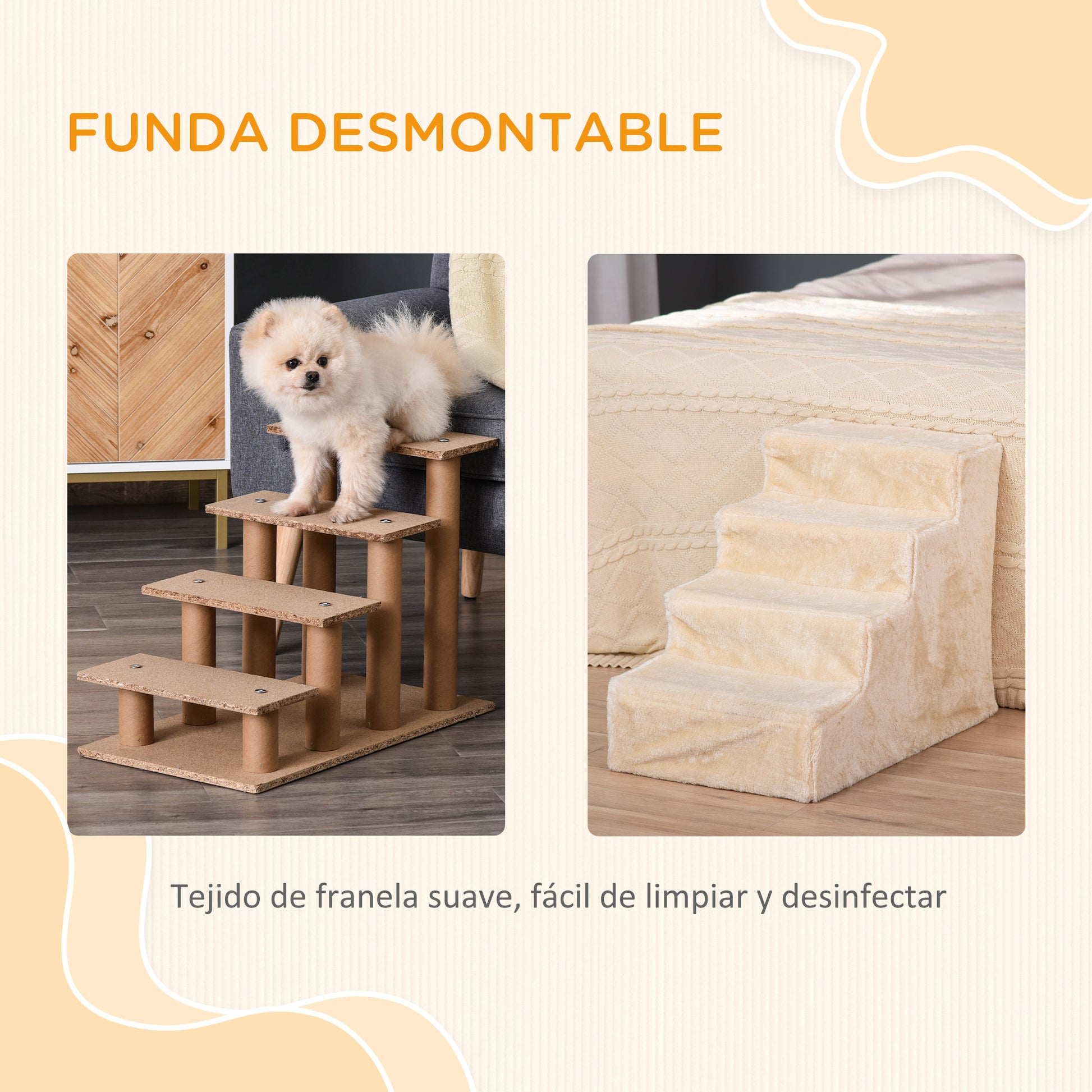 Pawhut Escalera Para Mascotas De 4 Peldaños Con Funda Extraíble 60x35x44cm Beige_4