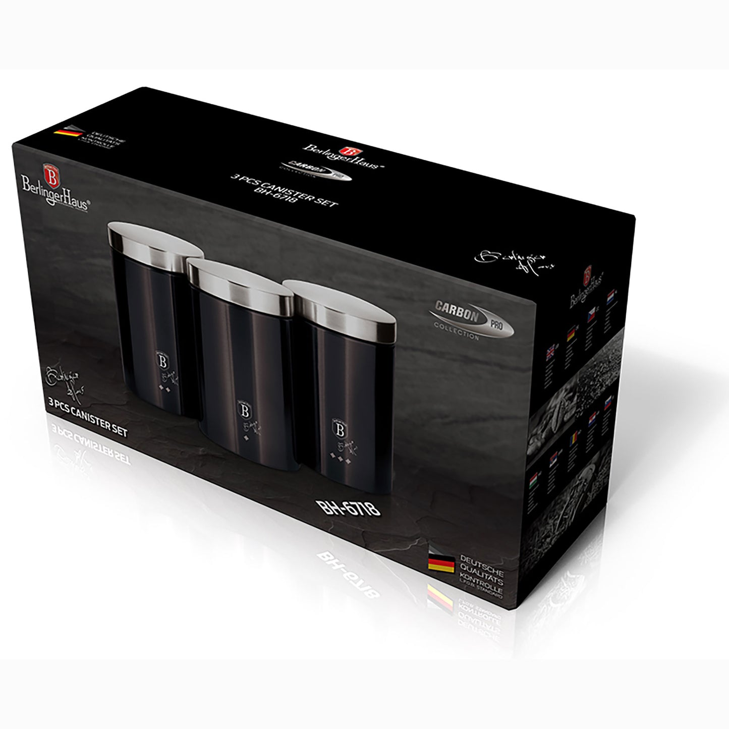 Set 3 Botes Cocina Almacenaje Acero Inoxidable, Diseño Moderno, Ø11x17,8cm Especias, Té ,café Berlinger Haus Carbon Pro, Gris Oscuro_2