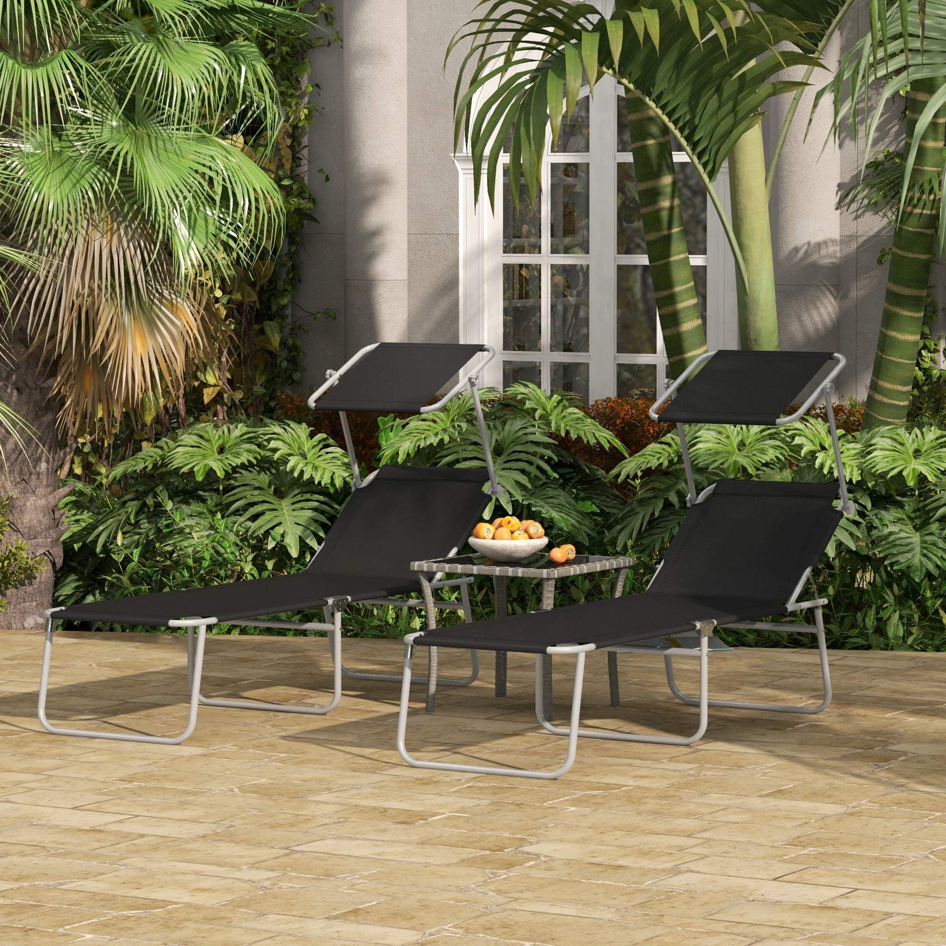 Outsunny Conjunto De 2 Tumbonas Plegables Con Toldo 187x58x36cm Negro_1