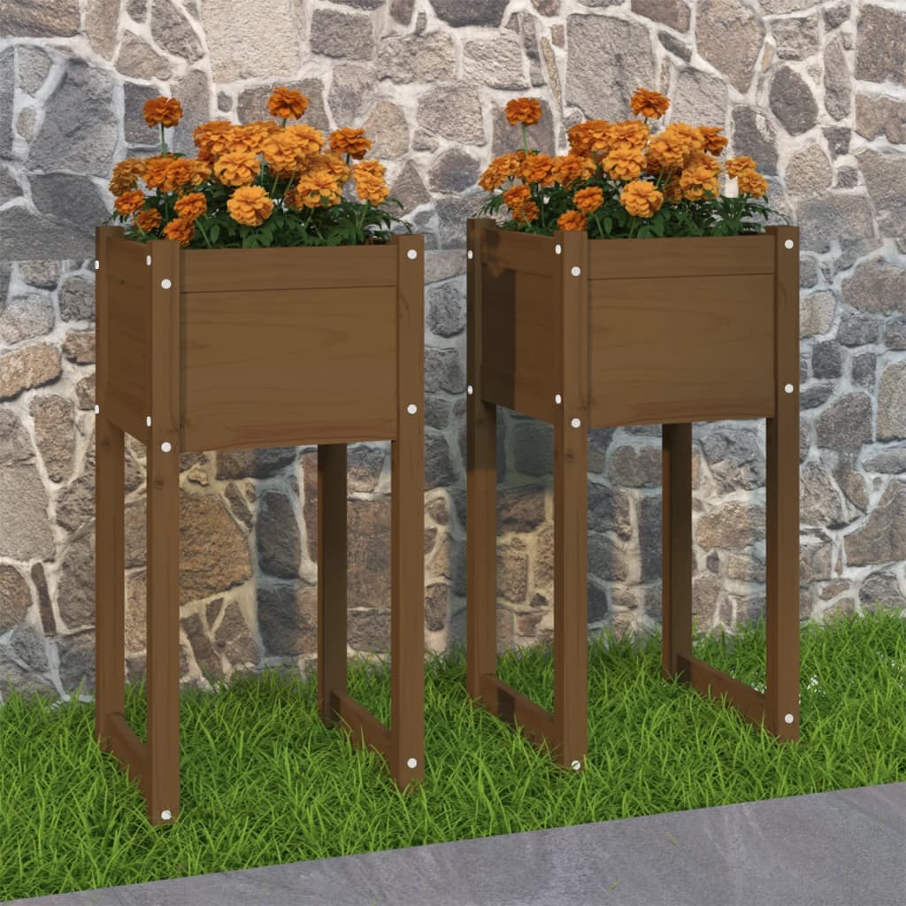 Jardinera 2 Uds Madera Maciza De Pino Marrón Miel 40x40x81 Cm_1