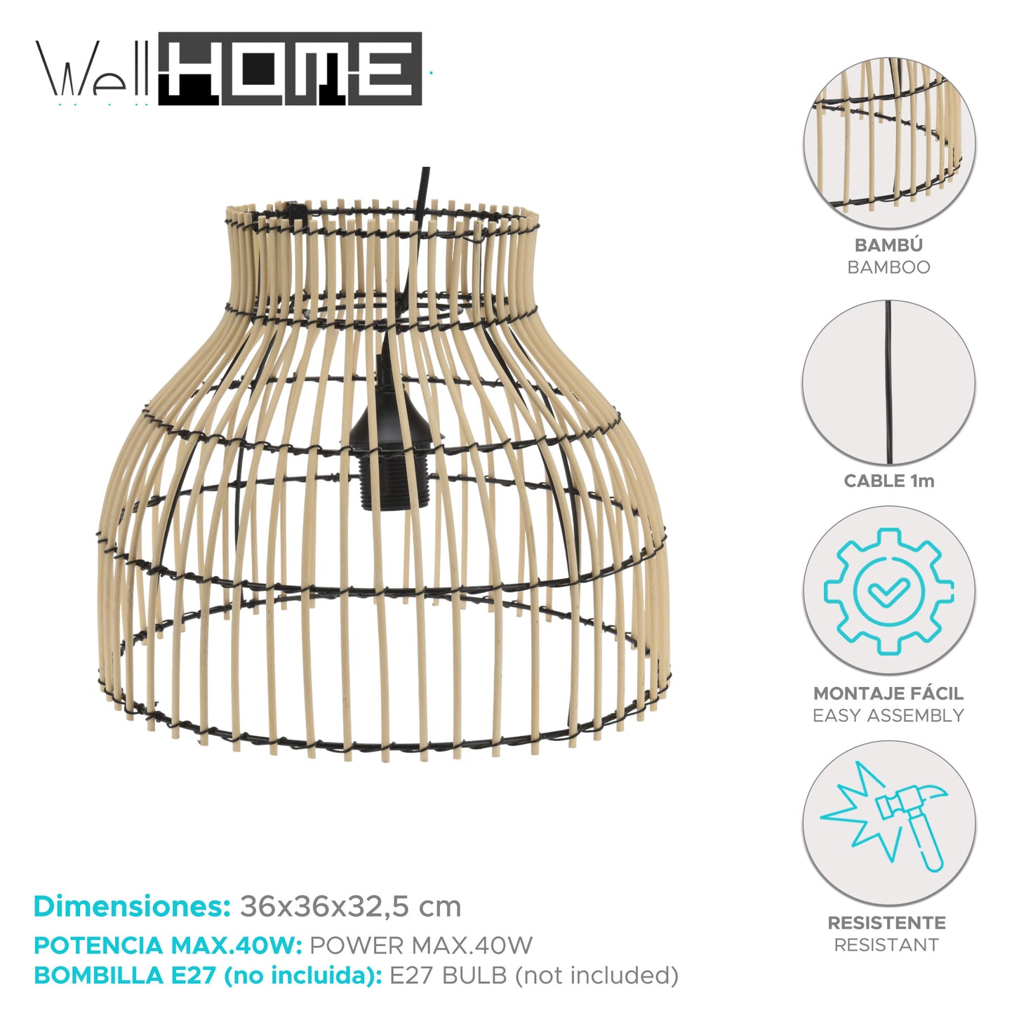 Well Home Lámpara Colgante En Bambú 32x36x32,5cm_1