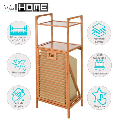 Well Home Estantería De Baño En Bambú Con 2 Estantes Y Bolsa De Lavandería 40x30x95cm_1