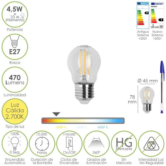 Bombilla Led Filamento Esfera Rosca E27. 4,5 Watt. Equivale A 35 Watt. 470 Lumenes. Luz Calida 2700º K.