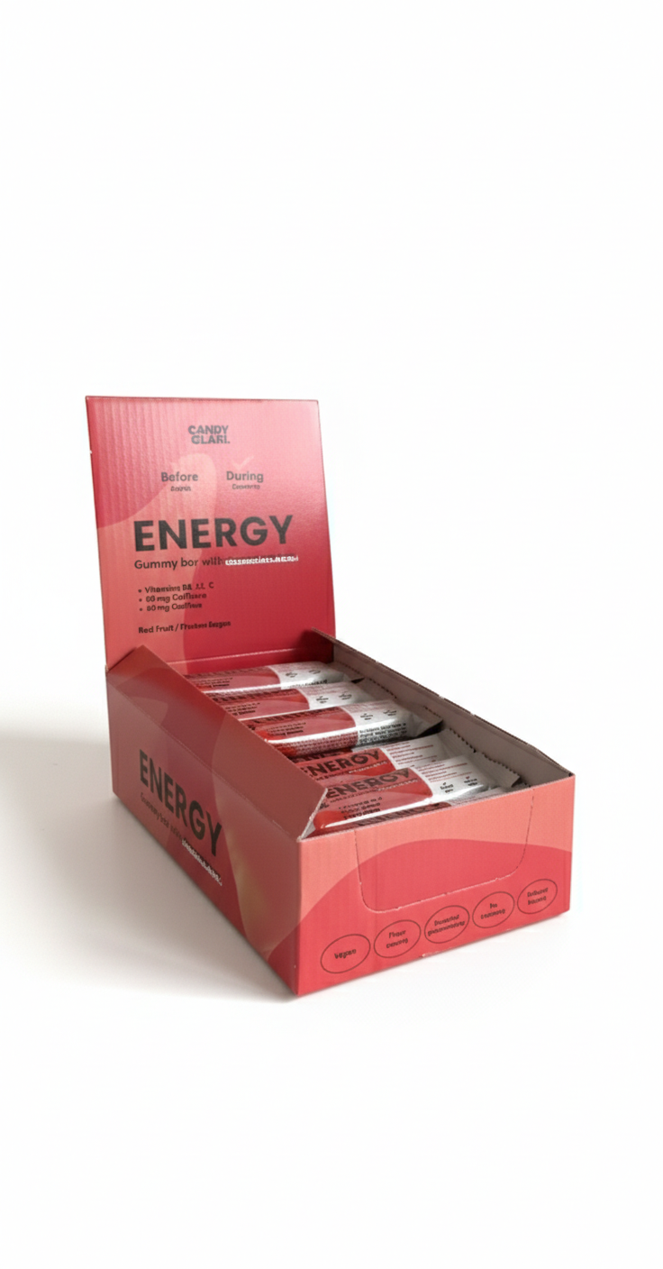 Candyglam Energy | Gummy Bar Energética Vegana Con Chocolate 70% | Cafeína + Taurina + Vitaminas | Pack 24 Barritas_0