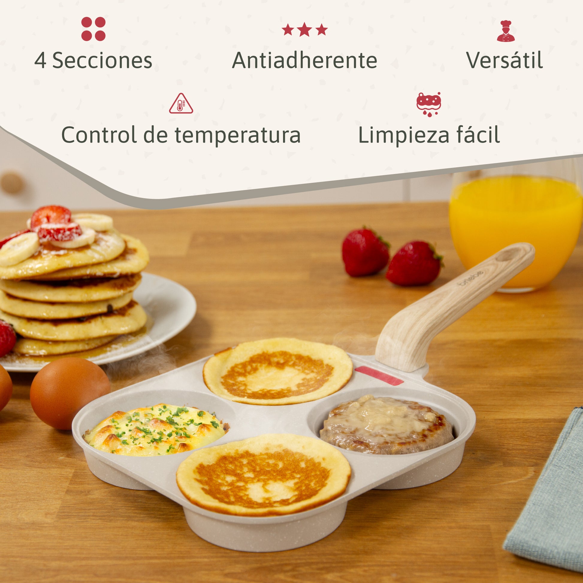 Briebe Sartén 4 Tortitas Huevos Fritos Poché, Tapa Vidrio, Aluminio Antiadherente Libre De Ptfe Y Pfoa, Fpe1176, Crema_1