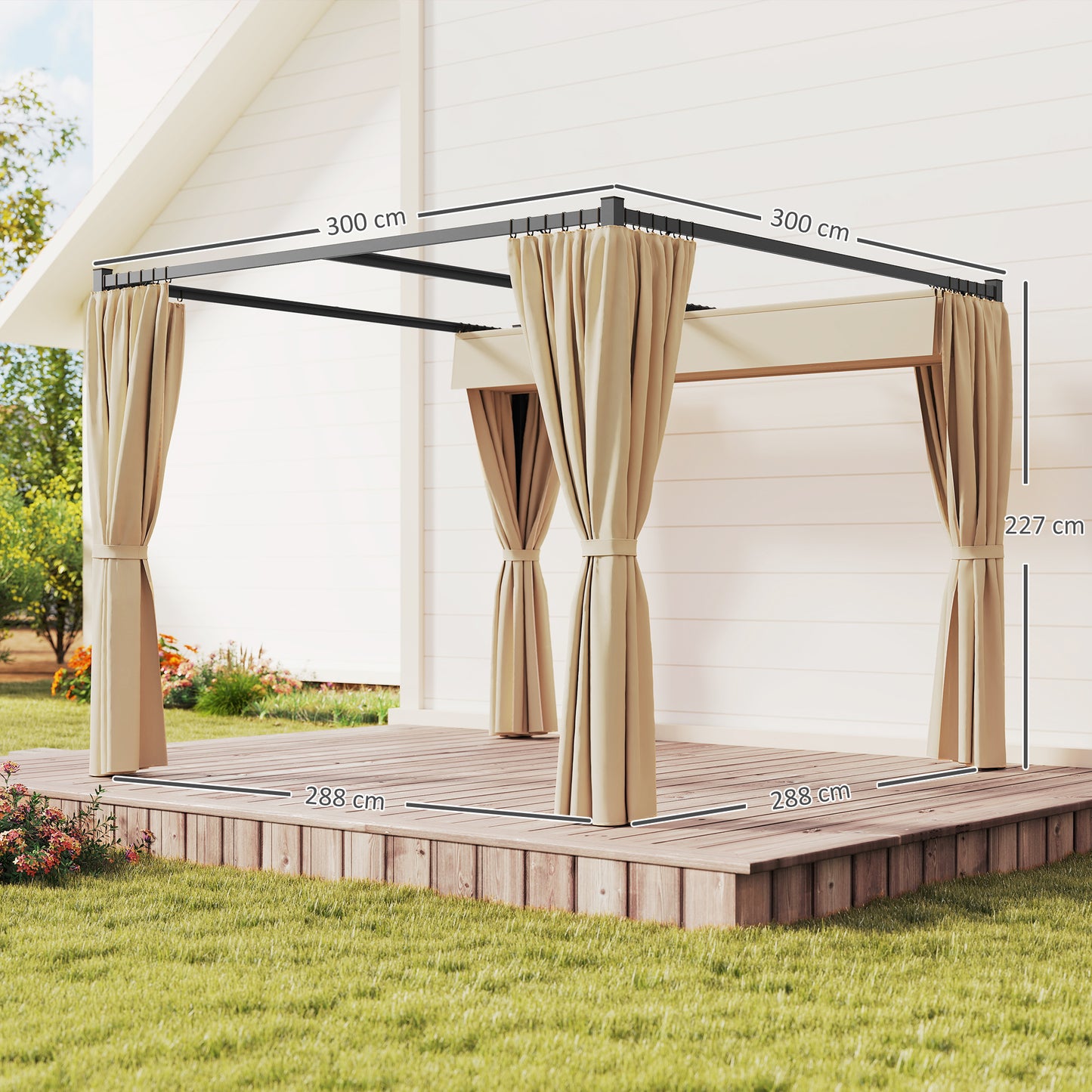 Outsunny Pérgola De Jardín 3x3 M Con Techo Y Paredes Laterales Retráctil Beige_2